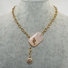 Pink Chalcedony Gold Coin Charm Golden Chain Choker Toggle Necklace Jewelry Gift