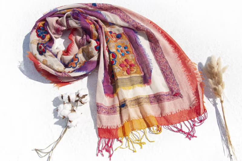 Pashmina刺繡羊毛披肩/針織圍巾/刺繡圍巾/羊絨披巾/喀什米爾Cashmere 圍巾羊毛 毛線圍巾克什米爾圍巾-花