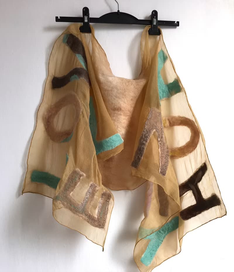 Silk Chiffon Scarf with Felted Letters Personalized gift for women