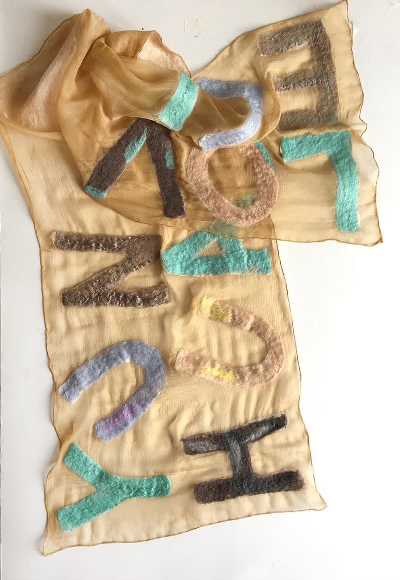 Silk Chiffon Scarf with Felted Letters Personalized gift for women