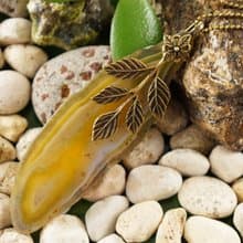Yellow Agate Slice Slab Stone Brass Leaf Leaves Branch Pendant Necklace Jewelry