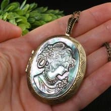 Gray Mother of Pearl Lady Girl Cameo Photo Locket Victorian Necklace Jewelry