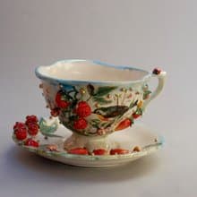 Cup and saucer Handmade porcelain art tea set Raspberry birdie flowers decor