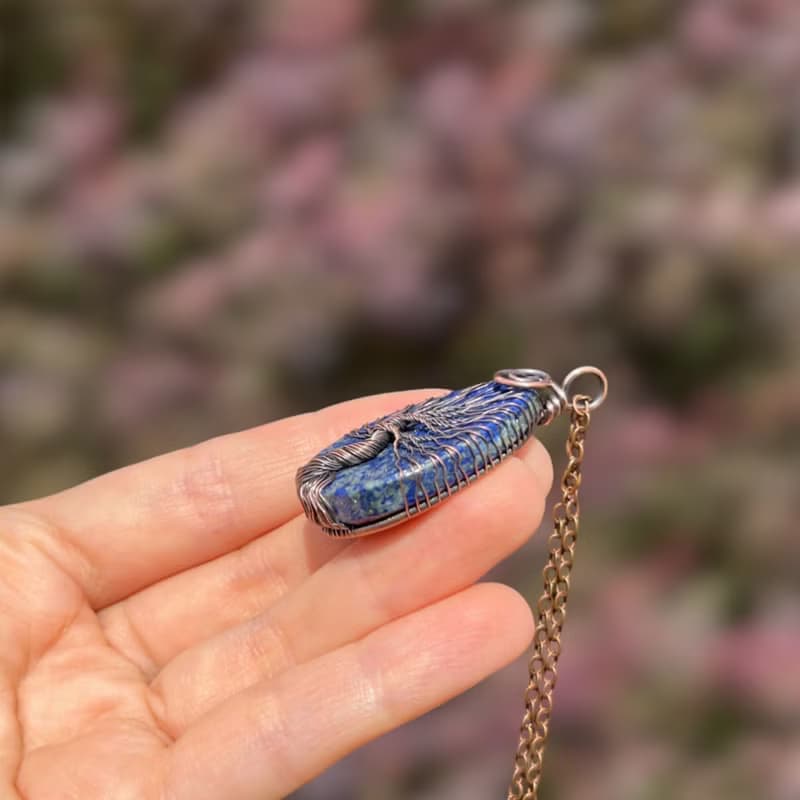 Lapis Lazuli Wire Wrap Pendant, Birthday Gift for Mom / Dad, Protection Amulet