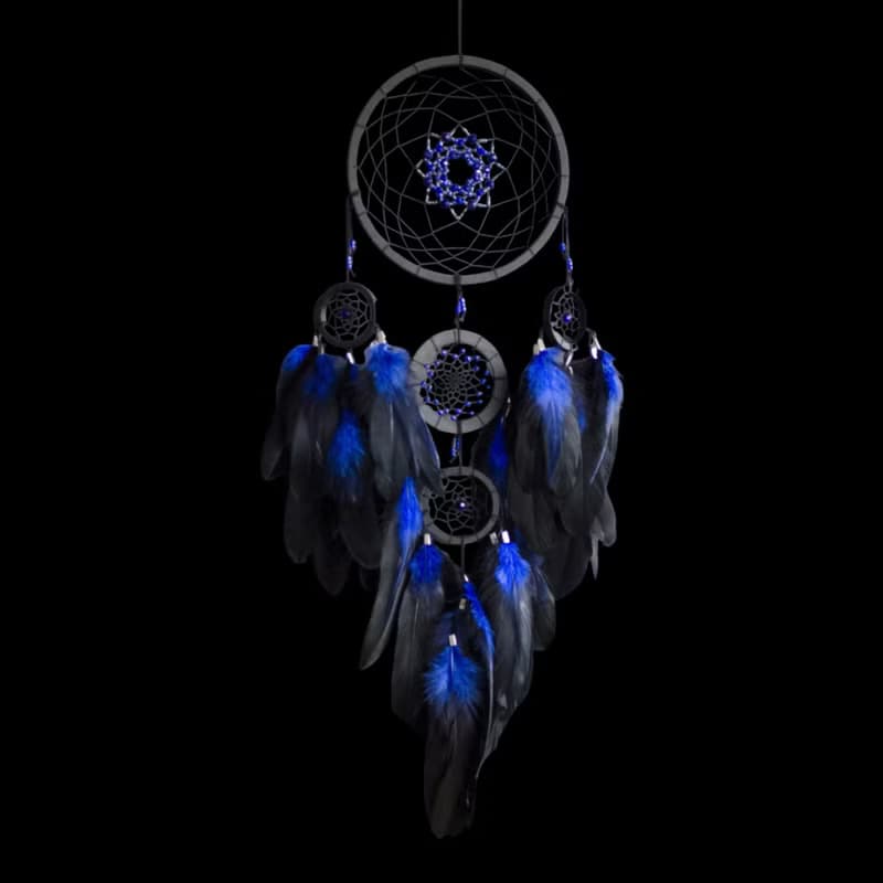Handmade Black Dreamcatcher with Blue Feathers – Boho Gothic Wall Decor