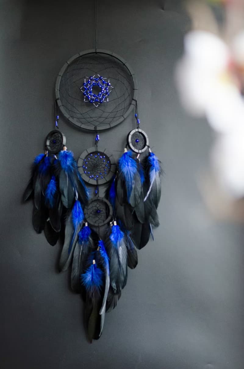 Handmade Black Dreamcatcher with Blue Feathers – Boho Gothic Wall Decor