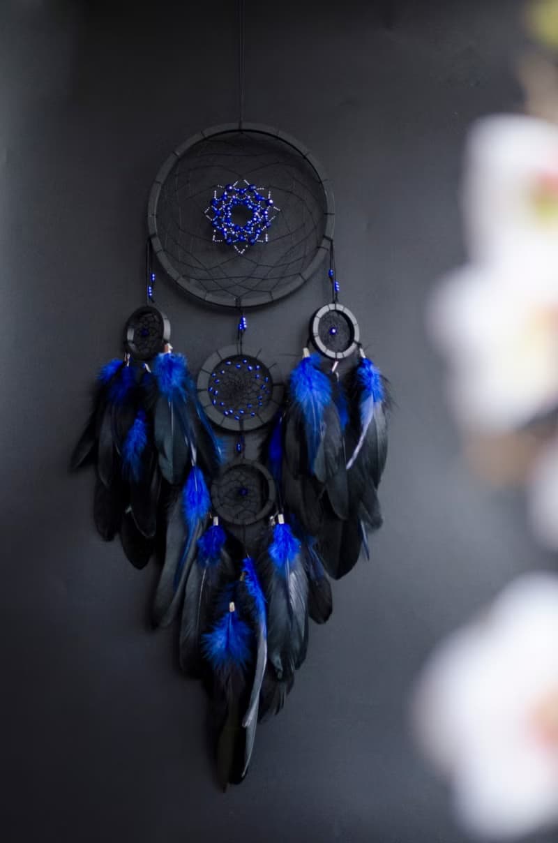 Handmade Black Dreamcatcher with Blue Feathers – Boho Gothic Wall Decor