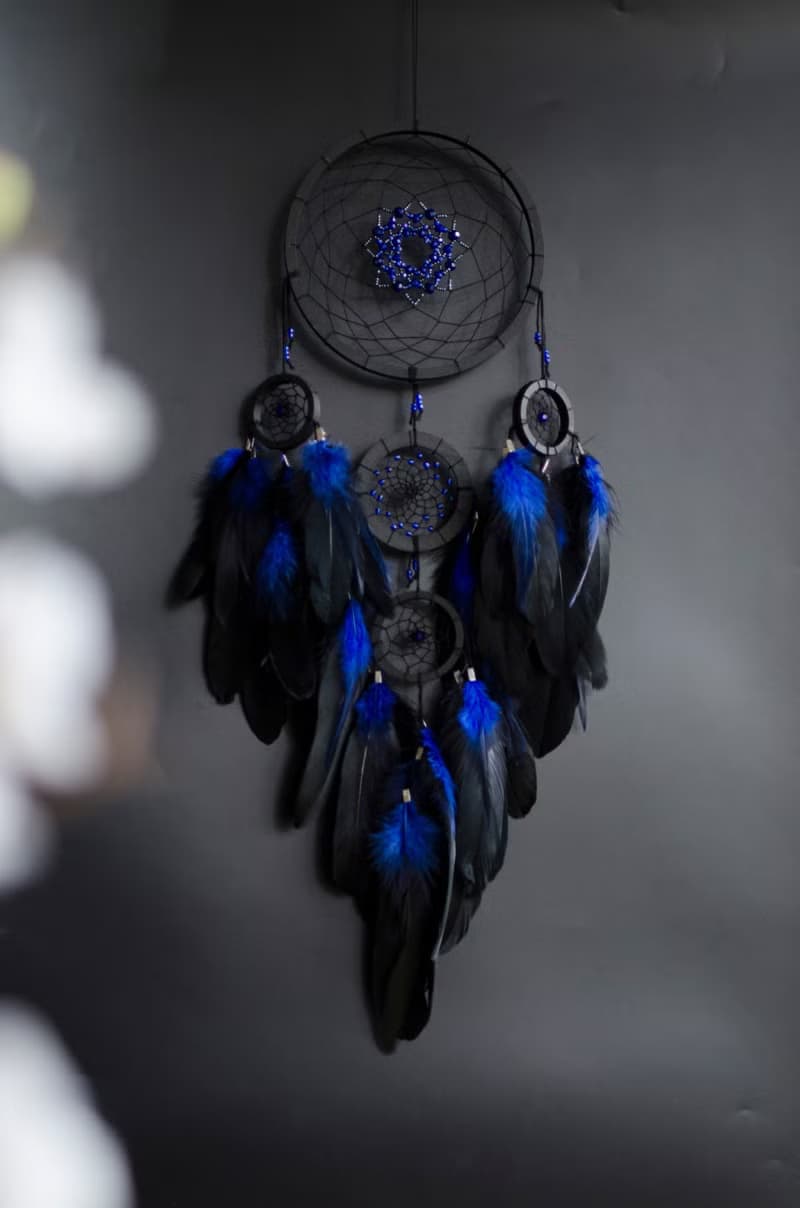 Handmade Black Dreamcatcher with Blue Feathers – Boho Gothic Wall Decor