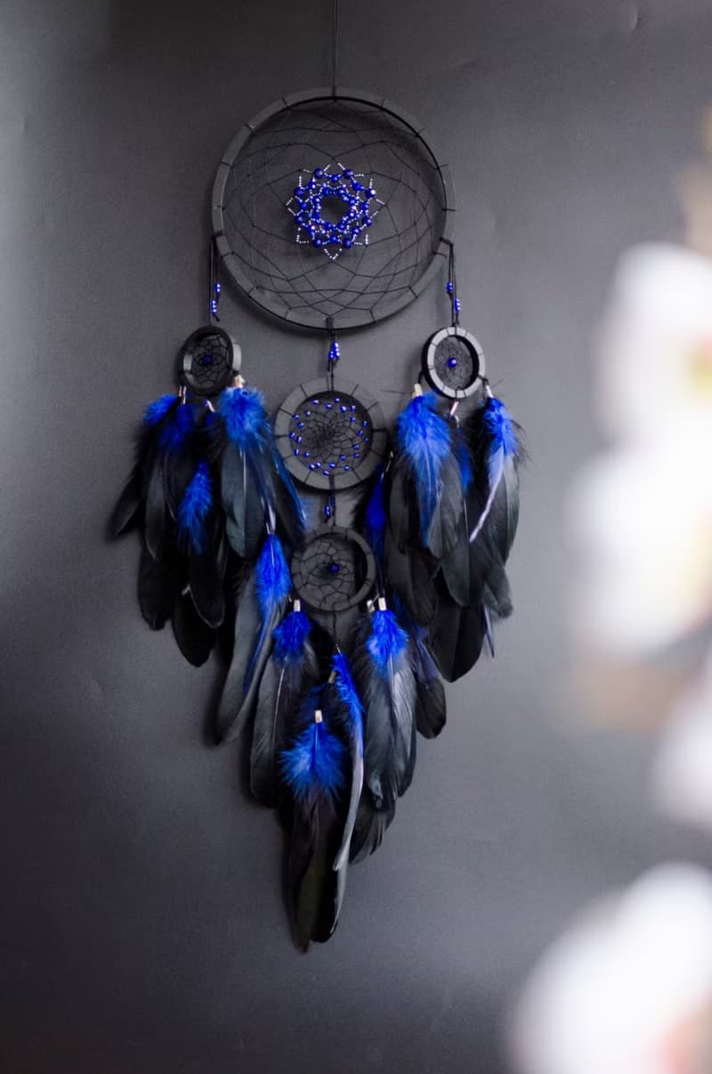 Handmade Black Dreamcatcher with Blue Feathers – Boho Gothic Wall Decor