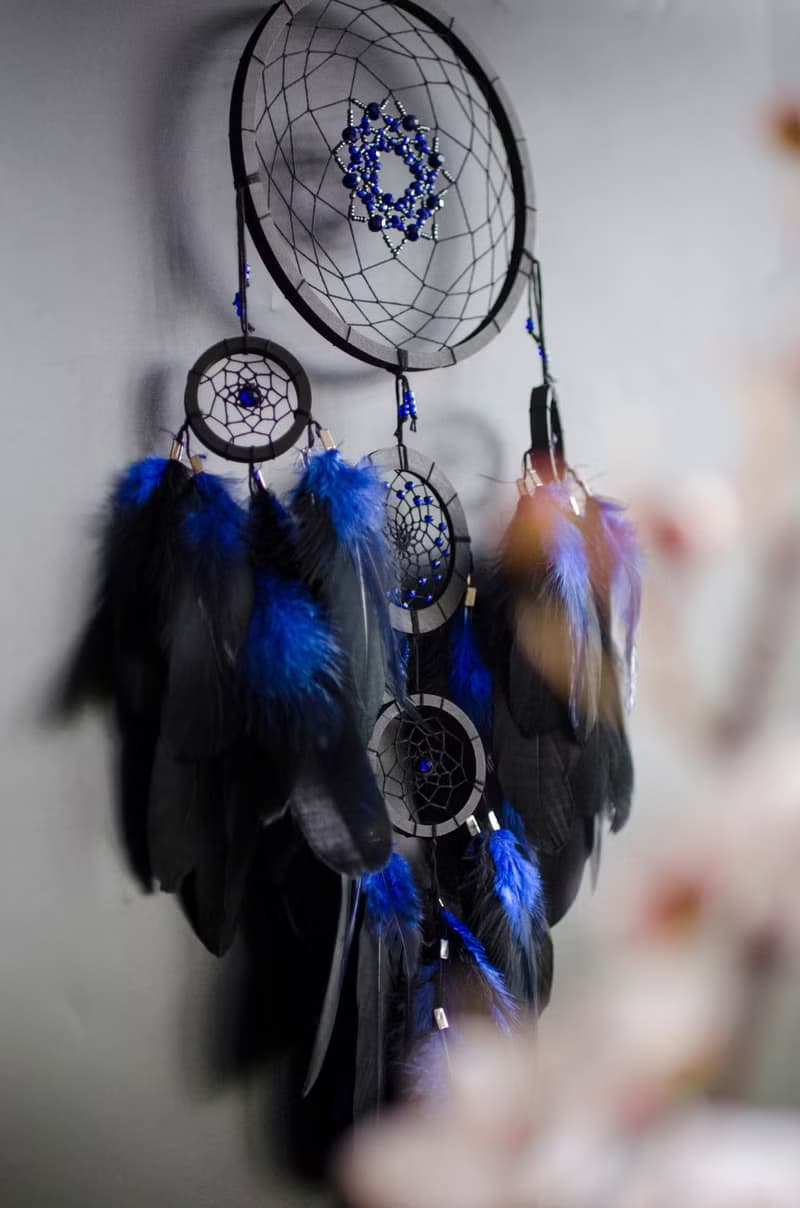 Handmade Black Dreamcatcher with Blue Feathers – Boho Gothic Wall Decor