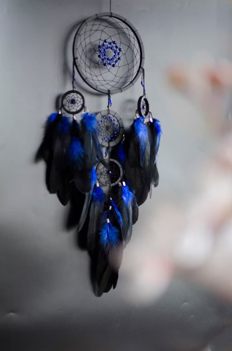 Handmade Black Dreamcatcher with Blue Feathers – Boho Gothic Wall Decor
