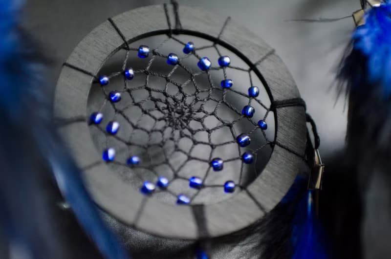 Handmade Black Dreamcatcher with Blue Feathers – Boho Gothic Wall Decor