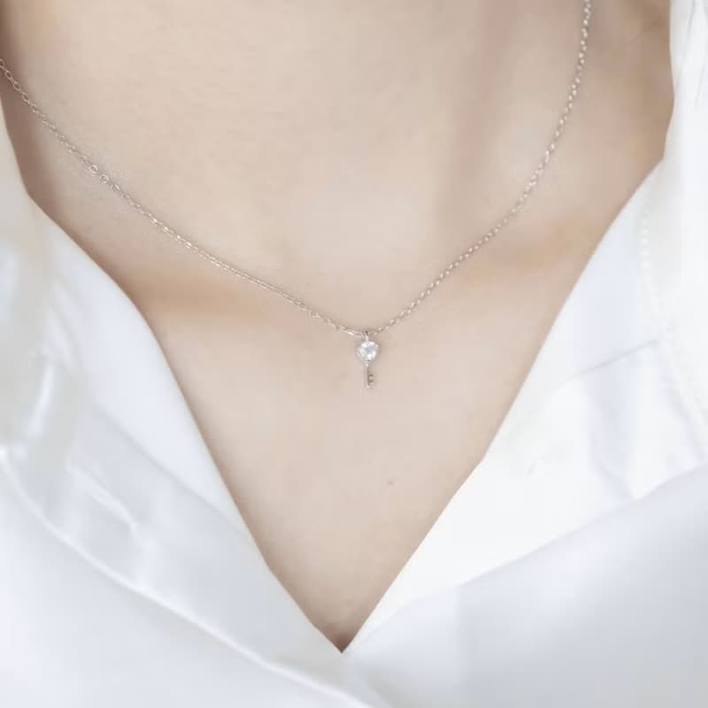 白水晶925純銀愛心鑰匙項鍊