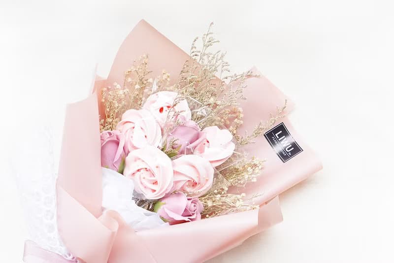 甜蜜粉色 玫瑰馬林糖乾燥花束 (5支玫瑰馬林糖+3朵香皂玫瑰花)