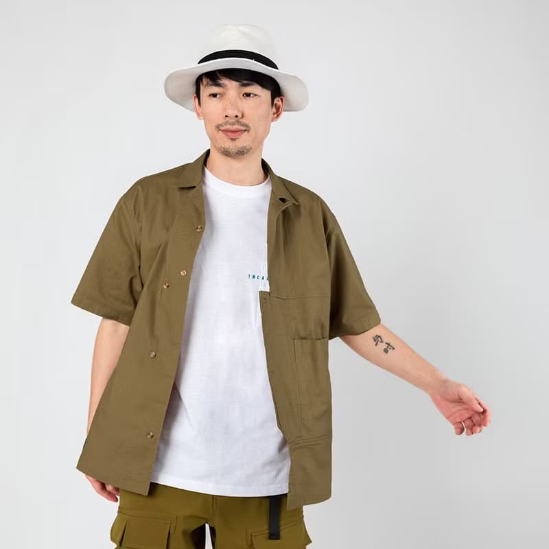 (絕版特惠)古巴領大容量口袋拼接短袖寬松山系工裝襯衫 黃棕色