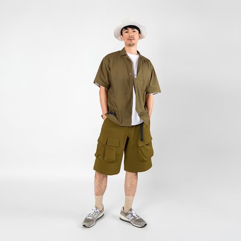 (絕版特惠)古巴領大容量口袋拼接短袖寬松山系工裝襯衫 黃棕色