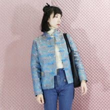 天藍色 織錦緞面秋冬薄棉盤扣唐裝外套 新中式中秋春節風改良旗袍