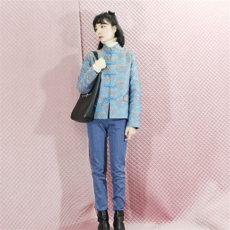 天藍色 織錦緞面秋冬薄棉盤扣唐裝外套 新中式中秋春節風改良旗袍