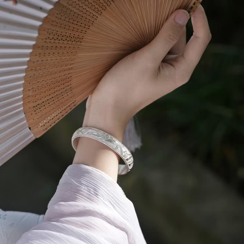 手工陽刻四君子純銀手環