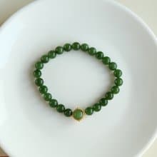 天然和田玉 /和闐玉-碧玉 純銀鎏金鑲嵌碧玉配飾設計單圈手串手鍊