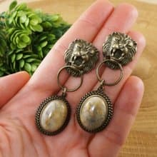 Lion Head Beige Yellow Gray Lace Agate Leo Large Long Bronze Earrings Jewelry