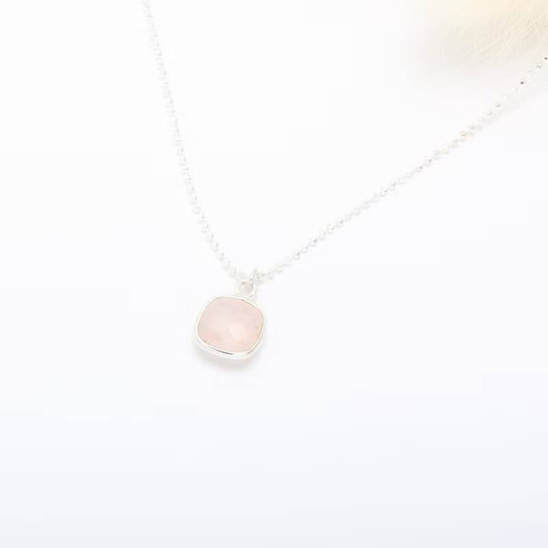 【Angel & Me】方形 粉晶 Rose Quartz s925 純銀 項鍊 生日禮物
