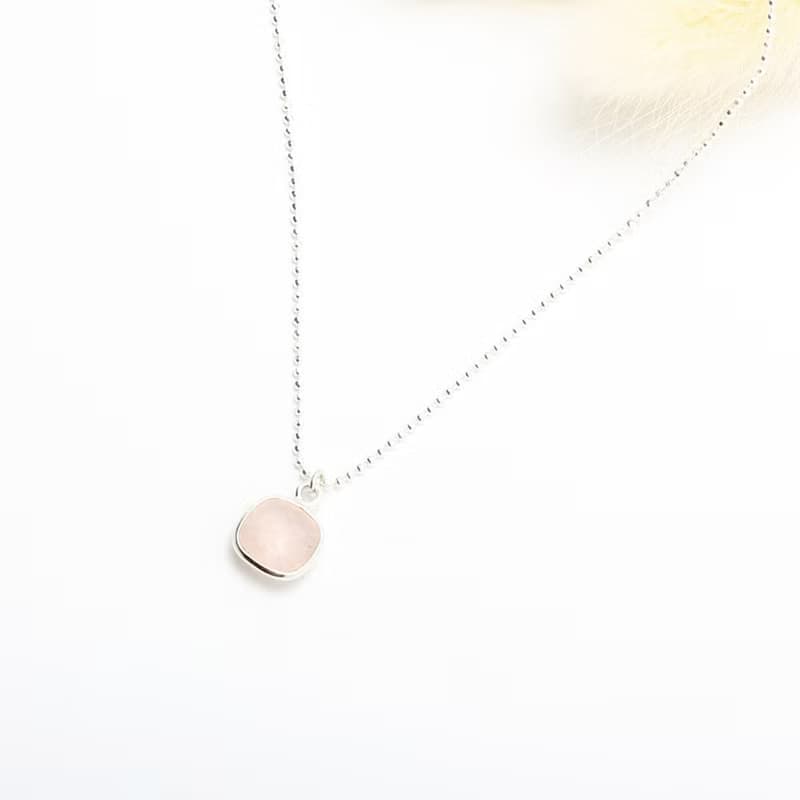 【Angel & Me】方形 粉晶 Rose Quartz s925 純銀 項鍊 生日禮物