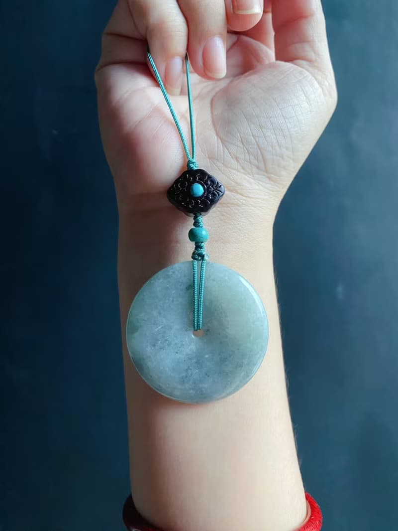 天然緬甸玉翡翠 烏雞 綠底 平安扣 黑檀木 綠松 包掛 手機掛 禮物