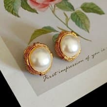 vintage jewelry  典雅立體金絲邊仿珠 夾式耳環