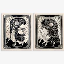 Gallery wall Set of 2 Personalized zodiac sign print Male and female portraits