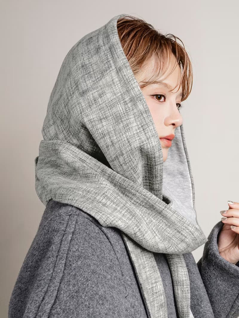 Mist 系列 - 銀慕 * 灰色 十字紋 混織毛料 棉料 圍巾 連帽圍巾