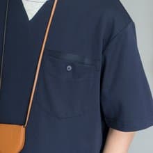 T-SHIRT 日系弧形下擺 拼接撞色螺紋圓領短袖T恤 寬松復古海軍藍