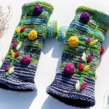 手織純羊毛針織手套/露趾手套/內刷毛手套/保暖手套-北歐刺繡花朵