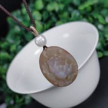 鹽源瑪瑙橢圓吊墜 啞光粉綠 手雕花開富貴 旺夫招財喜悅開拓