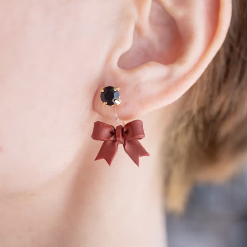 蝴蝶結 軟陶耳環 / 耳夾 / 耳針/ Luminous Red