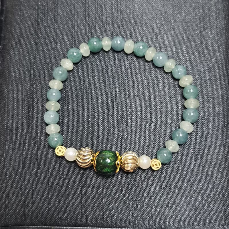 老花青翡翠圓珠設計款手珠手鍊 | 天然緬甸玉A貨翡翠 | 送禮