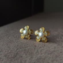天然珍珠金花耳環