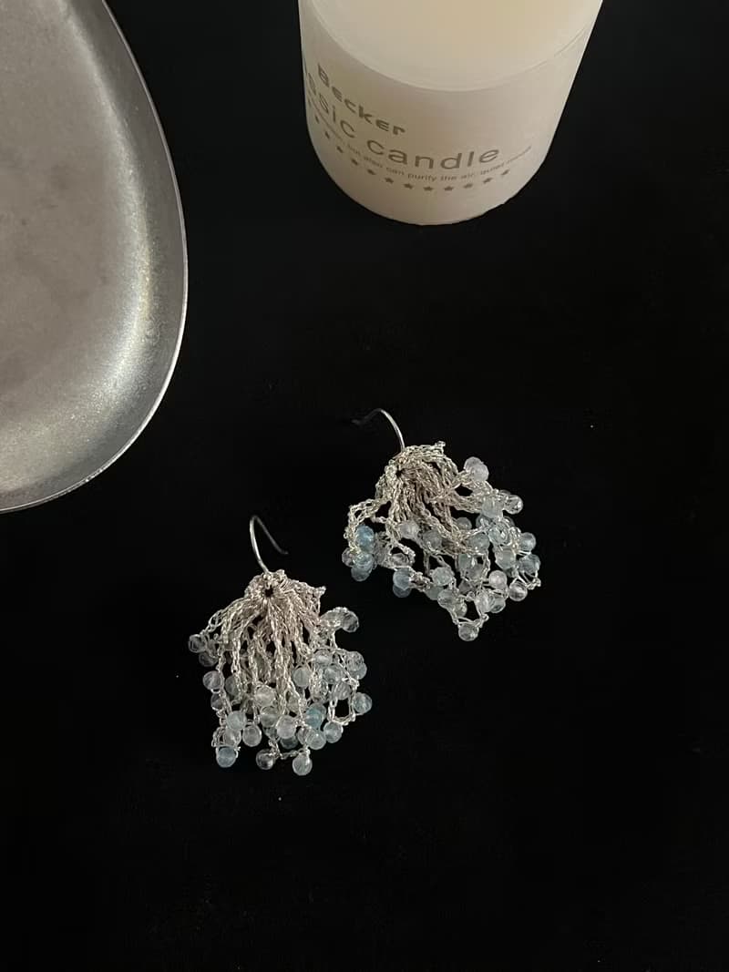 原創天然海藍寶純銀鉤織耳環 清新自然 禮物