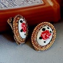 vintage jewelry  ART 雕花琺瑯玫瑰 夾式耳環