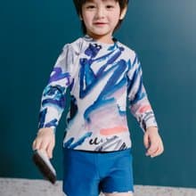 Children's long-sleeved sun protection swimsuit, Brush Painting pattern, with three-color pants that can be worn on both sides