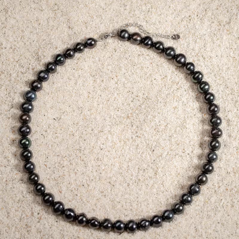 天然黑色淡水珍珠項鍊 8–9mm 銀色延長鏈 極簡時尚 聖誕節禮物
