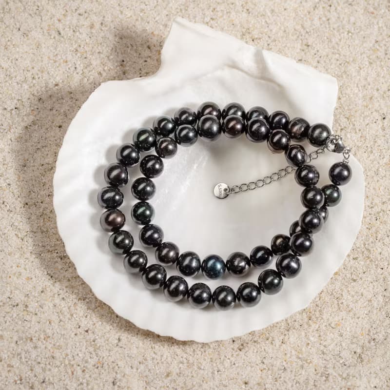 天然黑色淡水珍珠項鍊 8–9mm 銀色延長鏈 極簡時尚 聖誕節禮物