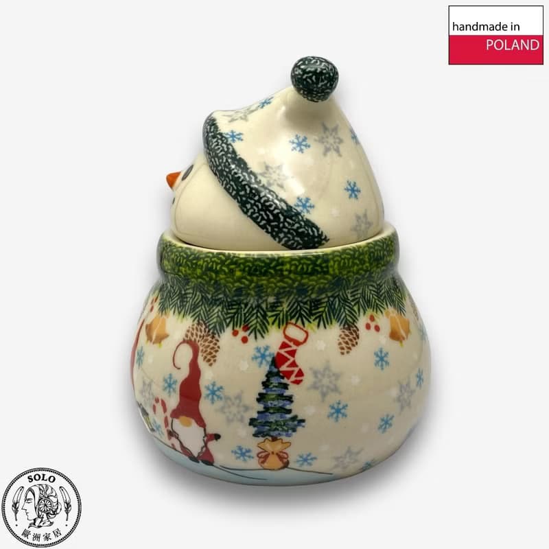 波蘭手繪手工陶-雪人收納罐 (小) 15cm 聖誕精靈系列 設計師款