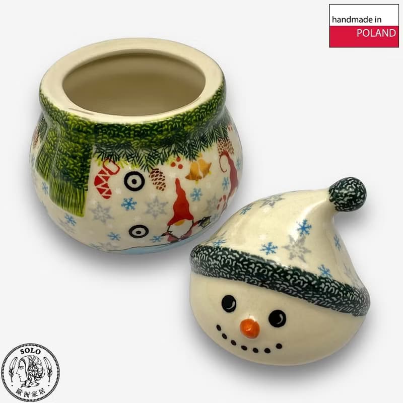 波蘭手繪手工陶-雪人收納罐 (小) 15cm 聖誕精靈系列 設計師款