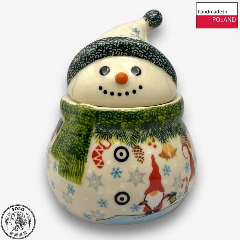 波蘭手繪手工陶-雪人收納罐 (小) 15cm 聖誕精靈系列 設計師款