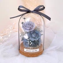 永生花玻璃盅-沈謐灰藍 l 不凋花玻璃盅 日本玫瑰 情人節禮物