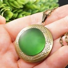 Green Sea Glass Photo Locket Marine Nautical Keepsake Pendant Necklace Jewelry