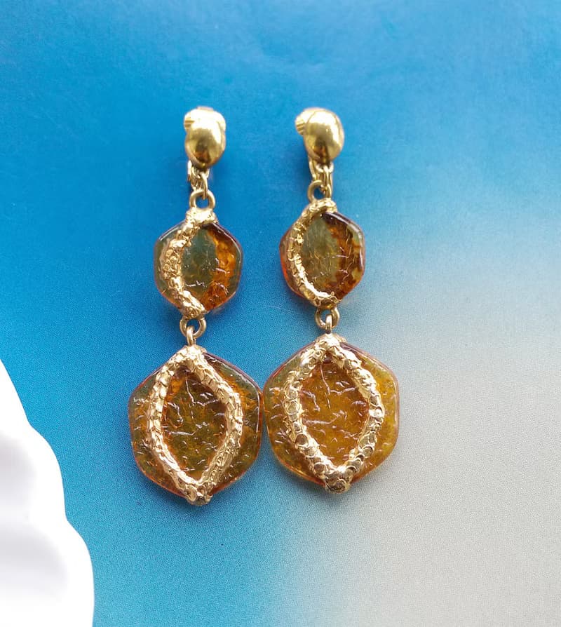 Vintage Jewelry 西洋古董飾品 琥珀色調 雙面 垂墜 夾式耳環