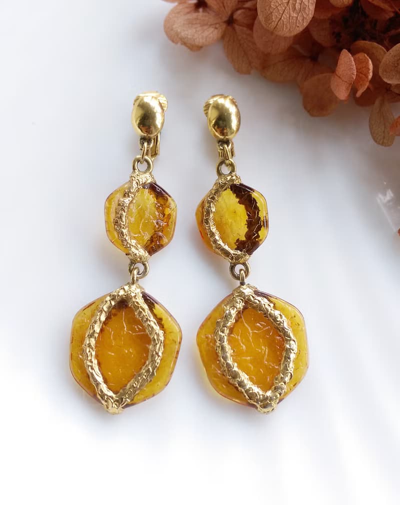 Vintage Jewelry 西洋古董飾品 琥珀色調 雙面 垂墜 夾式耳環
