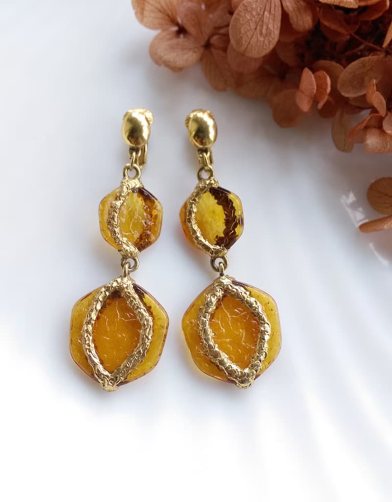 Vintage Jewelry 西洋古董飾品 琥珀色調 雙面 垂墜 夾式耳環